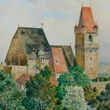En målning av ett slott med torn och tak, omgivet av träd. En av Hitlers målningar som visar en arkitektonisk vy.