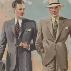 Två män i stilfulla kostymer, en med hatt, visar upp mode från 30-talet.