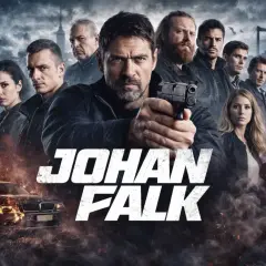 Johan Falk skådespelare i en actionfylld scen med ett team. En bil brinner i förgrunden.