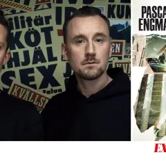 Pascal Engman och Johannes Selaker presenterar "Skymningsland del 2". En kvinna i röd klänning på en snöig trappa.