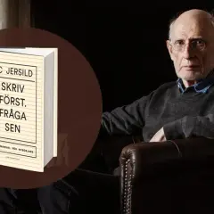 PC Jersilds bok "Skriv först. Fråga sen." visas bredvid författaren. En manual för nybörjare, som ett babels hus av ord.