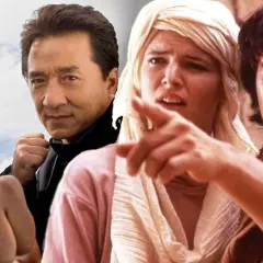 Jackie Chan och Chris Tucker i actionfyllda filmer med Jackie Chan. En kvinna pekar.