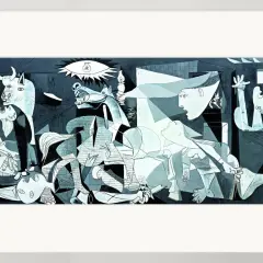 Ett kraftfullt pablo picasso konstverk som skildrar lidande och kaos med tjurar, hästar och människor i en mörk, monokrom scen.