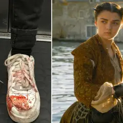 En bild visar blodiga sneakers, den andra en ung kvinna som vem spelade Arya Stark i Game of Thrones.