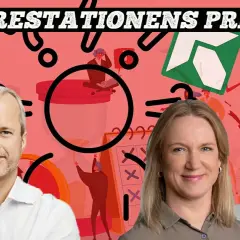 Affisch med tre porträtt och grafiska element. Texten "PRESTATIONENS PRIS" syns högst upp.
