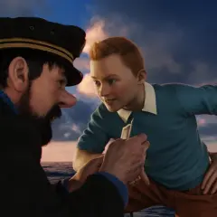 Kapten Haddock och Tintin 2 diskuterar ett viktigt fynd ombord på en båt.