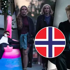 Collage med scener från en norsk serie. En kvinna drar i en mans arm när han sitter på en rosa flamingo i en pool. Två unga kvinnor går. En man med polisbricka.