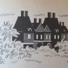 En illustration av ett mörkt hus med skorstenar, omgivet av buskar. Kanske ett hemligt gömställe för Agaton Sax.