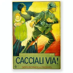 WW2 propaganda poster: soldat skyddar kvinna och barn, uppmaning att "Jaga bort dem!".