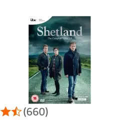 Omslaget till Shetland serie, komplett med tre poliser på en väg.