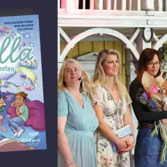 Boken "Stella och hemligheten" visas bredvid tre kvinnor, varav en håller blommor. En berättelse om begravda hemligheter.