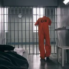 En orange fån-dräkt med texten "DR" hänger i cell 8. Sängen är bäddad, en klocka syns på väggen.