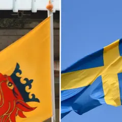 Sveriges flagga och en gul baner med en röd drake och krona.
