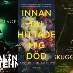 Tre omslag till nya deckare: en med en skräckinjagande scen, en med blommor och en med en skog.