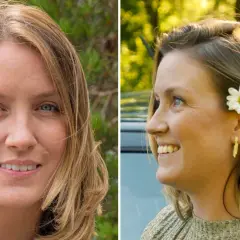 Två porträtt av Lina Tomikas. I det vänstra ser hon rakt in i kameran med ett leende. I det högra, med en blomma i håret, ler hon åt sidan.