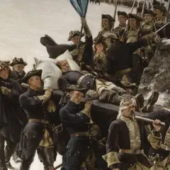 Soldater bär liket av Karl XII över snöig terräng. En dramatisk scen som skildrar Karl XII likfärd genom ett svårt landskap.