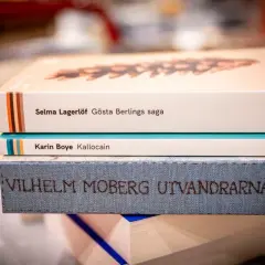 En stapel böcker med Selma Lagerlöf, Karin Boye och Vilhelm Moberg. Ur ett annat person perspektiv ser man titlarna tydligt.