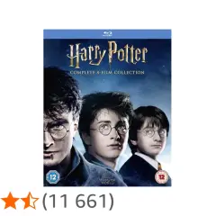Blu-ray-samling med alla åtta harry potter-filmer, med Harry, Ron och Hermione.