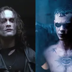 Två versioner av rollistan i The Crow: Brandon Lee med sitt ikoniska smink och långa hår, och Bill Skarsgård med mörkare smink och tatueringar.