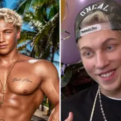 Toby Paradise Hotel-deltagare med solbränd hud och blont hår, bärande smycken. Till höger, med keps och leende.
