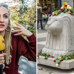 En ung kvinna med mikrofon och en stenlejon prydd med blommor. En saga från Berlin.