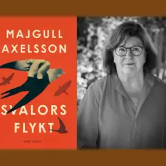 Majgull Axelsson, författaren till "Svalors flykt", porträtterad bredvid bokomslaget.