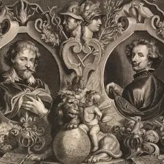 Gravyr med två porträtt, inspirerad av Peter Paul Rubens. En putto med pensel och palett sitter på en lejon och jordglob.