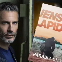 Jens Lapidus bokomslag "Paradis City" med en man med grått skägg och blå ögon.
