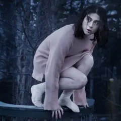 En svensk vampyr, Eli, hukar sig på ett räcke i en mörk skog.
