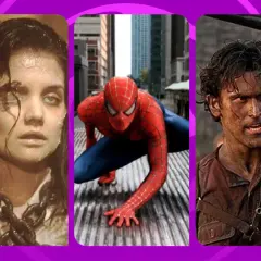 Triptyk med scener från filmer med Sam Raimi: en kvinna med kedjor, Spindelmannen i en stad och en smutsig man med gevär.