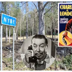 En bild med en skylt "NYBY", en filmplansch för "Charlie Chan in London" med Warner Oland, och en närbild av Warner Oland i samtal.