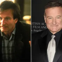 Robin Williams som Alan Parrish i Jumanji. Till vänster i filmkostym, till höger i svart kostym med mönstrad slips.