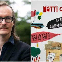 Porträtt av Matti Ollikainen bredvid en collage med texten "Matti Ollikainen", en buss, en höna och "gratis!".