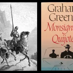 En illustration av riddaren av den sorgliga skepnaden på häst, bredvid bokomslaget till Graham Greenes "Monsignore Quijote".