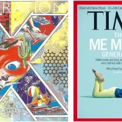 Konstverk och Time Magazine-omslag som utforskar olika generationer och årtal. Ett collage med popkonst och en artikel om "Me Me Generation".