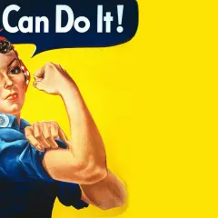 Rosie the Riveter, en ikonisk symbol för kvinnlig styrka, visar upp sin muskel med texten "We Can Do It!" på en gul bakgrund.