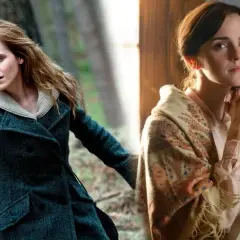 Emma Watson i två olika roller. Till vänster i en mörk rock i skogen, till höger i en ljusblå blus med sjal.