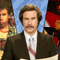 Will Ferrell i tre olika roller: en avslappnad man, nyhetsankaret Ron Burgundy och en Lego-figur.