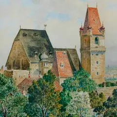 En målning av ett slott med torn och tak, omgivet av träd. En av Hitlers målningar som visar en arkitektonisk vy.