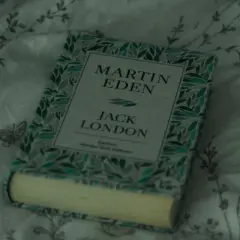 En bok med titeln "Martin Eden" av Jack London ligger på ett mönstrat tyg. Vad betyder roman? Denna bok är ett klassiskt exempel.