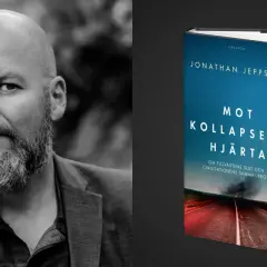 Porträtt av Jonathan Jeppsson bredvid hans bok "Mot kollapsens hjärta", som utforskar civilisationens utmaningar.