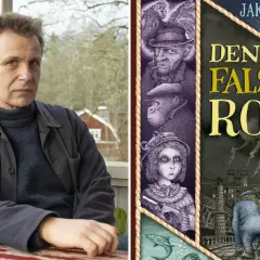 Jakob Wegelius, författaren till "Den falska rosen", porträtterad bredvid bokomslaget med en dramatisk illustration av en fartygsresa och mystiska figurer.