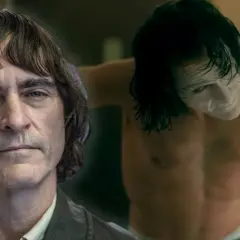 Joaquin Phoenix, som spelar Jokern, i en dramatisk scen. Hans ansikte är i fokus, medan en annan bild av honom med sminkad clownansikte syns i bakgrunden.