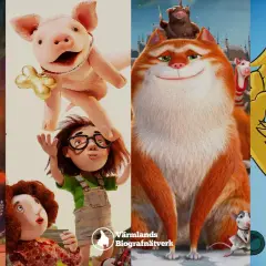 En collage av nya filmer med en eld-ande, en flicka med en gris, en stor katt och Bamse.