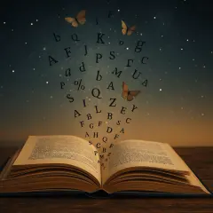 An open book with letters and butterflies floating out into a starry night sky.