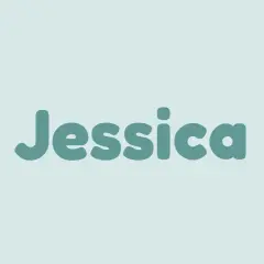 Texten "Jessica" i stora, runda bokstäver på en ljusblå bakgrund. Ett namn som lyser på vita duken.