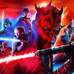 Darth Maul och andra karaktärer från Star Wars serier med ljussablar i en dramatisk, färgstark scen.