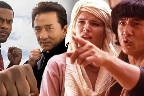 Jackie Chan och Chris Tucker i actionfyllda filmer med Jackie Chan. En kvinna pekar.