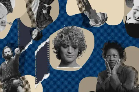 Collage med kända filmkaraktärer som Shrek och Frodo. En hyllning till ikonisk filmmusik och dess minnesvärda ögonblick.