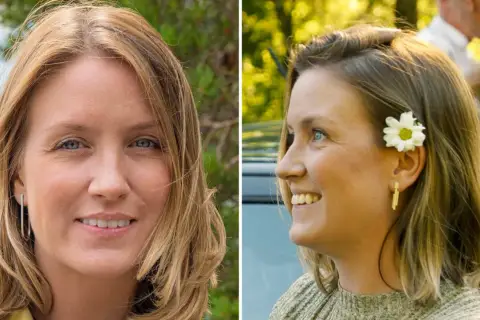 Två porträtt av Lina Tomikas. I det vänstra ser hon rakt in i kameran med ett leende. I det högra, med en blomma i håret, ler hon åt sidan.